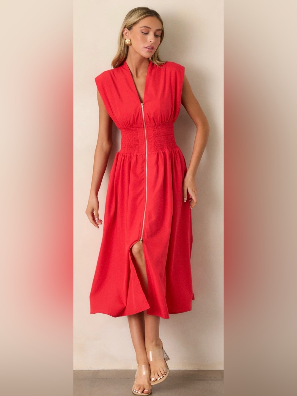 Entro Red Midi Zip-Up Dress